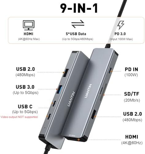 Transform Your Workflow with the 9-in-1 USB C Hub Featuring 4 K 60 Hz HDMI & Power Delivery – Ultimate Multiport Adapter for Mac Book Pro, i Pad Pro, Dell, and HP Laptops – Fast 5 Gbps Data Transfer, Dual USB-C, USB-A Ports, Plus SD/TF Card Reader for Maximum Productivity and On-the-Go Convenience