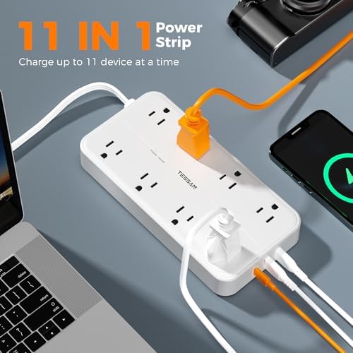TESSAN 8-Outlet Surge Protector Power Strip with 3 USB Ports (1 USB-C) – 1080 Joules of Safety, Wall-Mountable Extension Cord for Home, Office, and Dorm – Ultimate Charging Hub for Multiple Devices and Enhanced Protection
