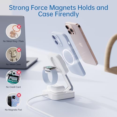 2025 Portable Wireless Mag Safe Fast Charging Hub – 3-in-1 Magnetic Charger for i Phone 16, 15, 14, 13, 12 Pro Max Plus, Apple Watch, and Air Pods – Compact Travel Essential with LED Indicator – Ultimate Gift for Tech-Savvy Couples (Black) – Superior Compatibility and Rapid Charging Performance