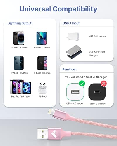 Aioneus 1 ft Apple Certified Lightning Cable – High-Speed USB A to Lightning Charger for i Phone 14/13/12/11 Pro Max/XR/XS/8/7 Plus/6/SE – Durable Nylon Braided Design for Tangle-Free Portability and Enhanced Charging Efficiency