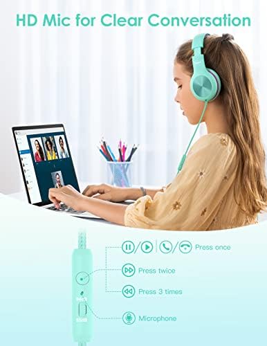 Premium Kids Over-Ear Headphones with Built-In Microphone – Safe Volume Control, Lightweight Dark Green Design for Online Learning & Travel, HD Sound Quality, Collaborative Audio Sharing Feature for Enhanced Learning Experiences