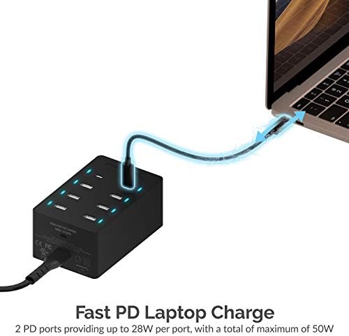 SABRENT 100 W 8-Port USB Charging Hub – High-Efficiency Family Charger with Dual Power Delivery for Rapid Device Recharging – UL Certified Safety Features for Universal Device Compatibility