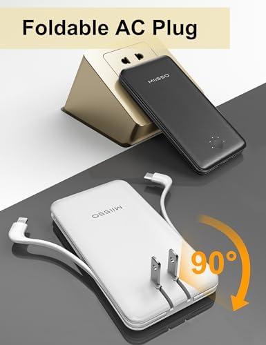 miisso Ultra Slim 10000 m Ah Portable Power Bank with Built-in Cables and Foldable Wall Plug – Compact USB-C Charger for i Phone, Samsung, i Pad & More – Perfect Travel Companion for On-the-Go Charging Efficiency