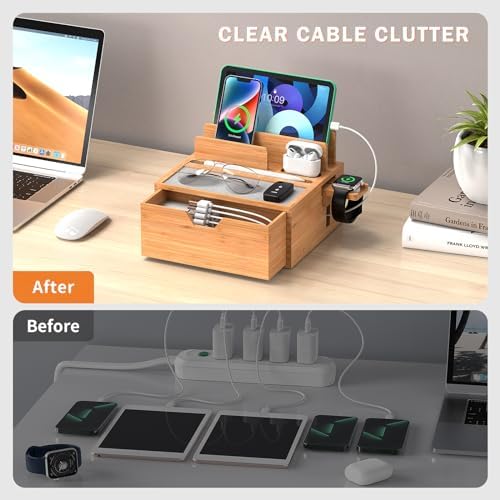 Pezin & Hulin Eco-Friendly Bamboo Multi-Device Charging Station: Elegant Nightstand Dock with Integrated Power Charger, USB Hub & Storage Drawer – Fast Charging for Phones & Tablets, Stylish Organizer for Modern Spaces