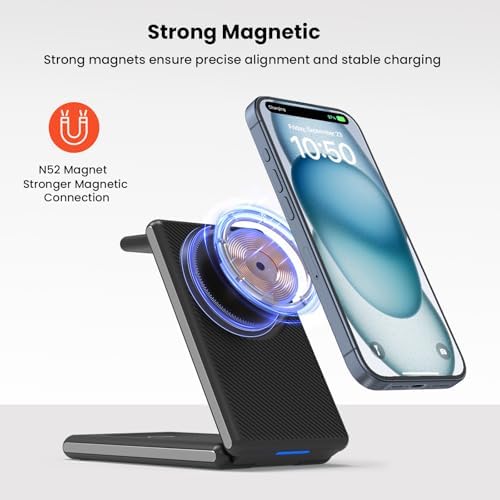 GEEKERA 3-in-1 Foldable Magnetic Wireless Charging Station – Ultimate Charging Hub for Fitbit Watches, i Phone 16/15/14/13/12 Pro Max & Air Pods – Portable Design with Rapid Charging & Magnetic Alignment for Effortless Device Management