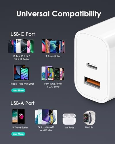 4-Pack Fast Charging USB C Charger Block – Dual Port Multiport Adapter with PD 20 W USB-C & QC 3.0 USB-A for i Phone 16/15/14/13/12/11/X/8, i Pad, Samsung Galaxy, Google & More – Ultimate Charging Solution for Home, Office, and Travel
