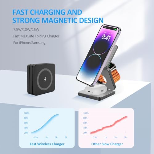 Revolutionary 3-in-1 Foldable Wireless Charging Station for Apple Devices – Ultimate i Phone 15, 14 Pro Max, 13, 12, Apple Watch 9-3, and Air Pods Pro Compatibility in a Compact Design (Black) – Streamlined Charging Efficiency and Portability for Tech Enthusiasts
