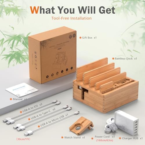 Sleek Bamboo Multi-Device Charging Station with 5 USB Ports, Integrated Smart Watch Stand & 5 Charging Cables – Ultimate Desktop Organizer for Cell Phones, Tablets & Smartwatches – Eco-Friendly Design for Fast Charging & Clutter-Free Spaces