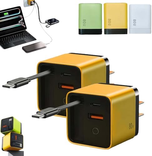 Revolutionary 80 W Ga N 3-in-1 Fast Charger with Retractable Design, Type C Cable & Dual USB Ports – Ultimate Travel Companion for Phones & Laptops in Sleek Yellow Finish – Enhanced Compatibility & Efficiency for Modern Charging Needs