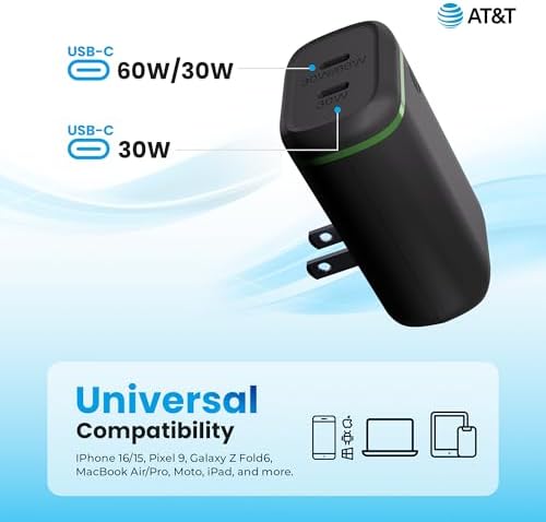 AT&T 60 W Dual USB-C Power Delivery Wall Charger – Efficient Rapid Charging for Smartphones, Tablets, and Laptops with Safety Features – Compact & Portable Dual Device Adapter for Home and Office Use