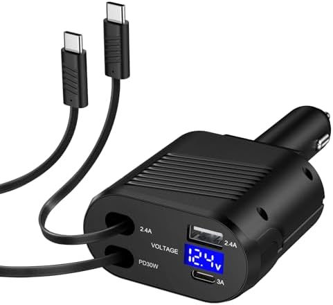 Ultra-Fast 45 W 4-in-1 Retractable Car Charger with Dual Cables for Samsung Galaxy – Optimized Charging for A-Series and S-Series Models, USB A & C Ports, Tangle-Free Design for Ultimate Convenience and Compatibility