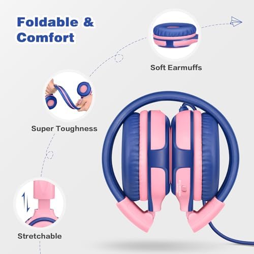 Chic Pink SIMOLIO Kids Headphones with Microphone – Volume-Limited Wired Design for Safe Listening – Adjustable Sound Levels (75/85/94 d B) for Hearing Protection – Perfect for School, Travel, and Home Use – Durable and Comfortable Fit for Active Young Listeners – Compatible with Smartphones & Tablets for Versatile Use