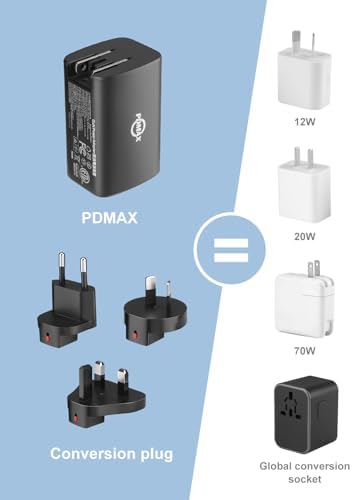 PDMAX 70 W USB C Travel Charger – Ultimate Fast Charging Adapter for Global Adventures, Compatible with PD 3.0 & PPS, Compact International Power Solution for Europe, UK, Japan, and Beyond – Reliable Performance for All Devices
