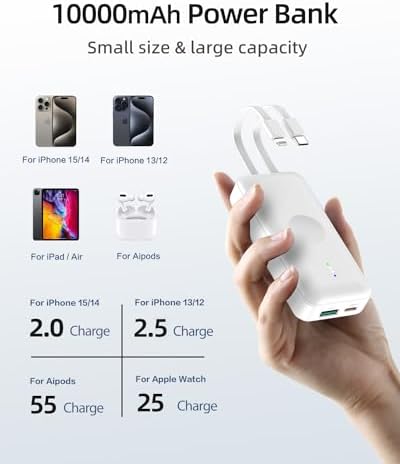 Compact 10,000 m Ah Portable Apple Watch Charger – Fast Charging Mini Power Bank with Integrated Cable for Apple Watch 9/Ultra/8/7/6/SE/5/4/3/2 and i Phone 14/13/12/11/Samsung – Ultimate Travel Companion for Efficient Device Powering