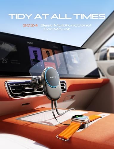 Elevate Your Driving Experience with the LISEN Mag Safe Wireless Car Charger – 15 W Fast Charging Mount for i Phone 16/15/14/13 & Apple Watch Series 10/9/8/7/6/5/4/3/SE – Effortless Retractable Design with Robust Magnetic Stability for Seamless On-the-Go Power – USB-C for Rapid Charging and Ultimate Compatibility – The Smart Choice for i Phone and Apple Watch Users Seeking Convenience and Reliability