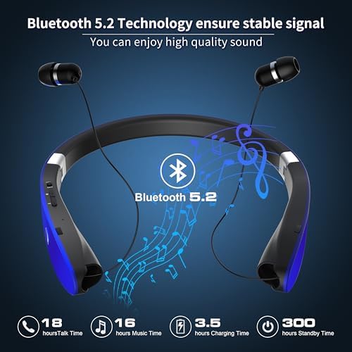 AMORNO Premium Retractable Bluetooth Neckband Headphones – Sweatproof Wireless Earbuds with Advanced Noise Cancellation & Integrated Microphone for Active Lifestyles – Superior Sound Quality & Broad Device Compatibility for Enhanced Listening Adventures