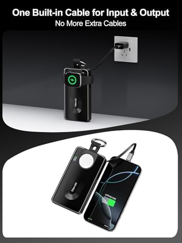 Mavulo Ultra-Fast Wireless Power Bank for Apple Devices – 10000 m Ah Portable Keychain Charger with Retractable USB-C Cable, 20 W Quick Charge Capability, LED Battery Indicator – Compatible with i Phone 15/16, i Pad, Air Pods Pro, and Apple Watch – Sleek Black Design for On-the-Go Power Solutions