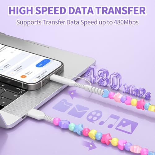 VOFUOE USB C Cable for iPhone Charging Cord [MFi Certified] 2 in 1 Multi Charging Cable Fast Charging Cable Star Beads 3.3FT Girls Women for iPhone 16/15 Pro Max-Colorful – Enhanced Compatibility and Speed