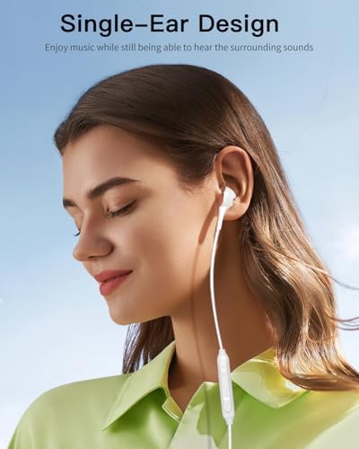 Ultra-Lightweight Single-Side Earphone with Built-In Mic and Inline Control – 3.5 mm Earbud for Exceptional Sound Clarity and Multi-Device Compatibility (Sleek White) – Perfect for Hands-Free Calls and On-the-Go Audio Enjoyment