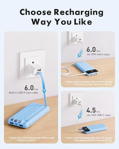 Ultra-Slim 10,000 m Ah Portable Power Bank with Built-In Charging Cables – 6 Outputs, 3 Inputs, Fast 3 A Charging for Universal Device Compatibility – Essential Travel Battery Pack for i Phone, Samsung, Google Pixel, LG, and More