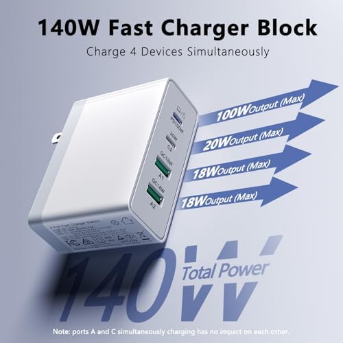 Ultra-Fast 140 W Ga N USB-C Power Hub – Smart 4-Port Charging Station for Laptops, i Phone 15/16, Mac Book Pro/Air, Galaxy S23/S24, and Dell – Sleek, Efficient Design for Home and Office Use
