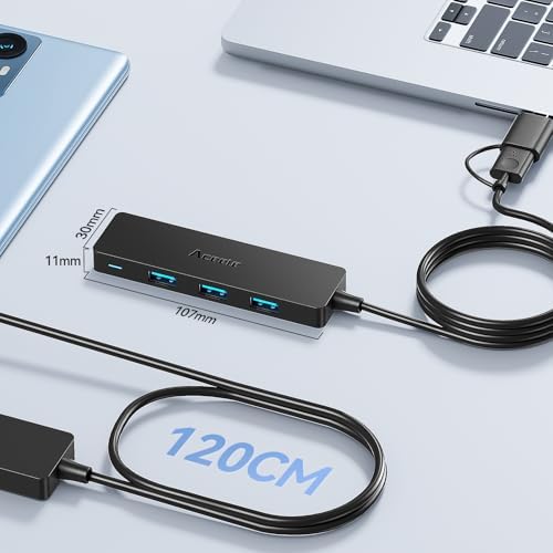 Ultra-Slim 4-Port USB 3.0 Hub with 2 ft Extended Cable – High-Speed Data Transfer for Mac Books, PCs, and More – Compact USB Expander for Enhanced Connectivity, Ideal for On-the-Go Professionals and Home Offices