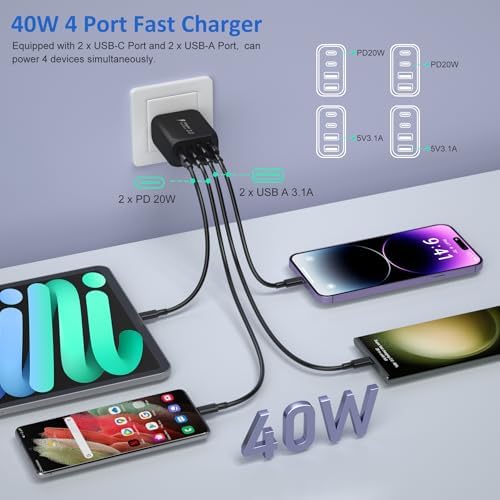 38 W Dual Port Fast Car Charger for i Phone 16 & 15 – Includes 2 Braided 6 ft USB-C Cables & 40 W Wall Adapter – Quick Charge 3.0 Cigarette Lighter Adapter for i Pad, Samsung & Tablets – Ultimate On-the-Go Charging Solution