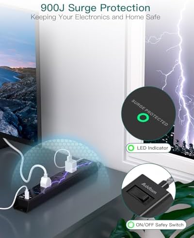Ultimate Surge Protector Power Strip – Versatile 6-Outlet Extension Cord with 4 USB Ports (2 USB-C) and Flat Plug Design for Space Saving, Overload Protection, and Wall Mount Capability – 5 ft Length for Home, Office, or Dorm Room Efficiency and Safety