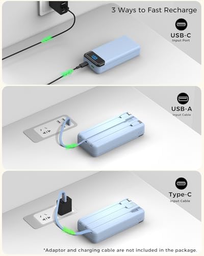 Ultra High Capacity 40,000 m Ah Portable Power Bank with Integrated Cables – 22.5 W PD Fast Charging Solution for i Phone 16/15/14/13, Samsung Galaxy S24/S23/S22/S21 & More – 5 Output Ports & 3 Input Options for Multi-Device Compatibility – Precision LED Display for Real-Time Power Monitoring – Lightweight & Compact Design Perfect for Outdoor Adventures, Travel, Camping, and More – Versatile Backup Battery for Smart Devices Including Tablets, Cameras, and More – Ultimate Charging Convenience Wherever You Go