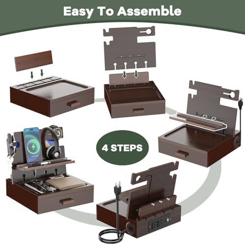 Nightstand Organizer with Charging Station, Wood Docking Station with USB Ports and Outlets, Gifts for Men, Bedside Holder with Drawer for Kindle,Phone,Key, Watch & Accessories (Classic Black) – Enhanced Compatibility and Speed