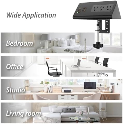 Desk Edge Clamp Power Strip with 4 Fast-Charging USB Ports & 3 AC Outlets – 1875 Joules Surge Protector for Office & Hotel Use, ETL Listed, Space-Saving Design for Convenient Charging Solutions