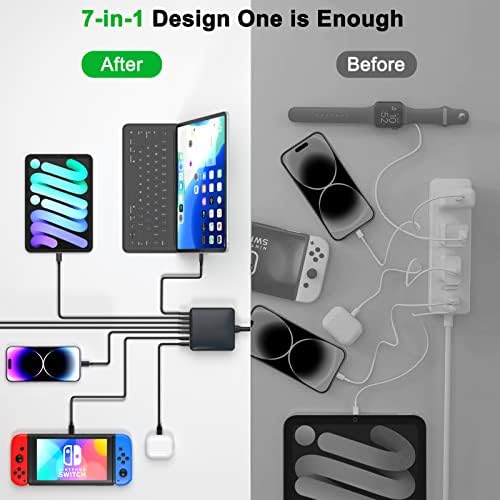 High-Speed 185 W USB C Charging Station with 7 Ports – Versatile Ga N Charger for Mac Book Pro/Air, i Pad, i Phone 14/13/12 Series, and Samsung Galaxy Note – Ultimate Multi-Device Power Hub for Home, Office, and Travel