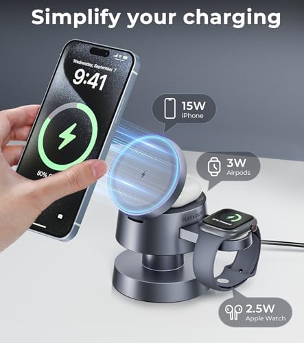 Sleek 4-in-1 Wireless Charging Station with Night Lamp – Fast Aluminum Alloy Charger Dock for i Phone 16/15/14/13/12, Apple Watch & Air Pods – Multi-Device Convenience in Stylish Grey Finish – Ideal for Decluttering Nightstands and Workspaces