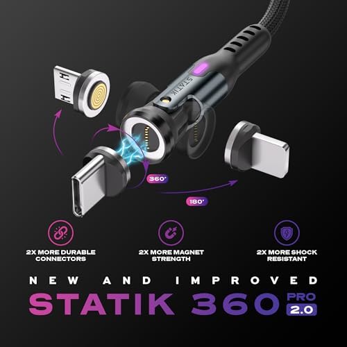 Upgrade Your Power Experience with the Statik 360 Pro Magnetic Charging Cable – Ultimate 3-in-1 Solution for USB C, Micro USB & USB A Devices, 100 W Fast Charging Technology, Sturdy Black Design, 3 ft Length for Maximum Portability and Comprehensive Compatibility with Smartphones, Tablets & Laptops