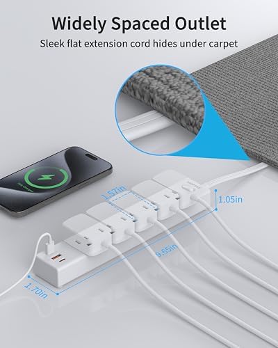 Ultra-Slim 15 FT Flat Plug Power Strip with 5 Outlets & 3 Smart USB Ports – 1700 Joules Surge Protector for Home, Office & Dorm Use – Space-Saving Design with Right-Angle Plug for Optimal Access and Charging Efficiency