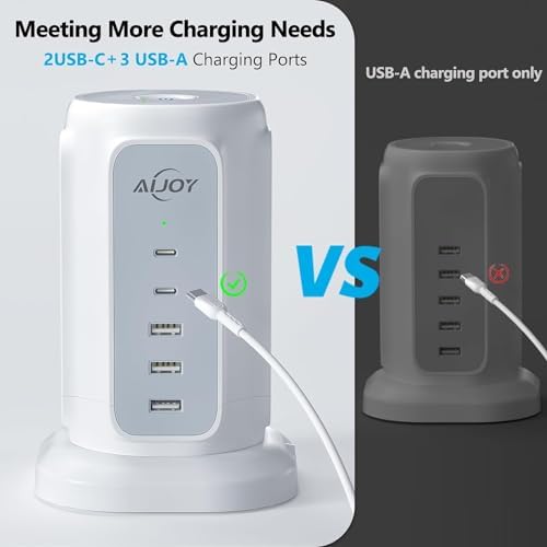 Maximize Your Power Potential with Ai Joy’s Space-Saving Flat Plug Power Strip Tower – 9 Outlets & 5 USB Ports (2 USB-C) for Rapid Charging, 1200 Joules Surge Protection, 6.5 Feet Extension Cord – Ideal for Home, Office, and Dorm Use – Durable, Efficient, and Compact Design for Uncluttered Charging Solutions