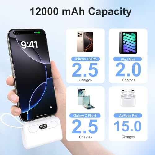 High-Capacity 12000 m Ah Mini Power Bank – Ultra-Portable Dual Device USB-C Charger for Android & i Phone 11-16 Series – Fast Charging Battery Pack for On-the-Go Power Solutions