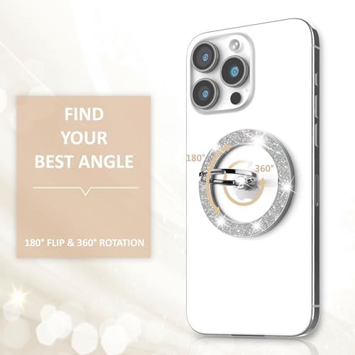 Stylish Glitter Magnetic Phone Ring Holder for Mag Safe – Enhanced Grip & Versatile Stand for i Phone and Android – 2024 Fashion Accessory with 360° Rotation & 180° Flip – Perfect Gift for All Ages