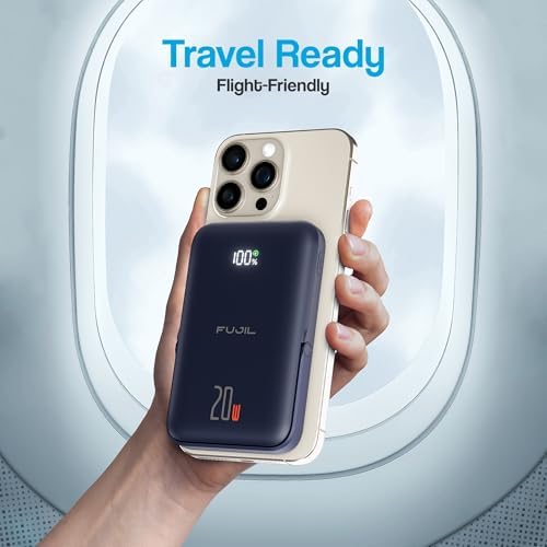 10,000 m Ah Magnetic Power Bank with Metal Kickstand, Ultra-Fast 20 W Charging, LED Battery Indicator, USB-C & Mag Safe Compatibility – Ideal for i Phone 15/14/13/12 Pro Series and Android Devices, Lightweight Design for On-the-Go Convenience