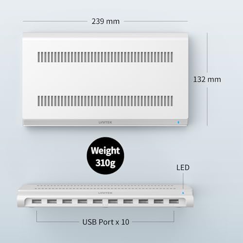 Unitek 10-Port USB Charging Station – High-Speed Multi-Device Charger with Smart IC Technology, Adjustable Dividers for i Pad, i Phone, Tablet & Kindle – Sleek White Design for Organized Charging in Homes & Offices