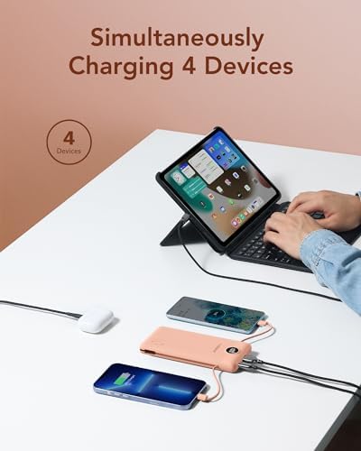 VEGER Ultra-Slim 10,000 m Ah Portable Charger with Built-in Cables and Integrated Wall Plug – Fast Charging Power Bank for i Phone, i Pad, Samsung, and More – Essential Travel Battery Pack for On-the-Go Charging and Enhanced Device Compatibility