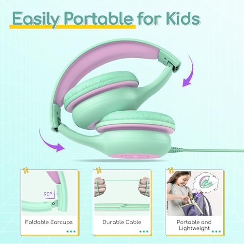 Kid-Friendly Foldable Wired Headphones with Microphone – Volume Limiting Safety (85/94 d B) for Hearing Protection, Share Port for Collaborative Audio, Ideal for Tablets, PCs, and School Use – Enhanced Type C Compatibility for Optimal Sound Quality and Comfort