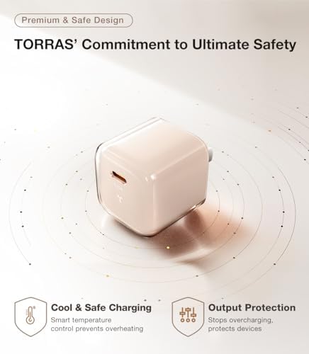 Ultra-Fast TORRAS Icenano 30 W USB-C Charger Block – PD 3.0 Compatible Wall Adapter with 5.5 ft Cable, Stylish Crystal Pink Design, Low-Temperature Operation for Safe Charging of i Phone 16/15 & Mag Safe – Perfect for Travel and Home Use