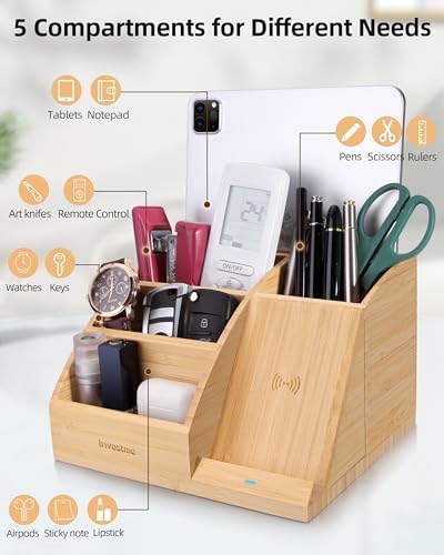 3-in-1 Bamboo Wireless Charger with Desk Organizer, Bamboo Pen Holder for Desk, 15W Fast Wireless Charger with Pen Holder for Home Office Supplies, Compatible with iPhone and Samsung – Enhanced Compatibility and Speed