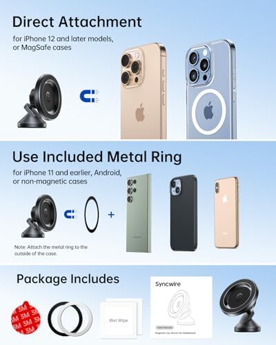 SYNCWIRE 360° Magnetic Car Mount for i Phone & Samsung – Effortless Dashboard Installation with Strong Adhesion – Secure Phone Holder for Safe Navigation and Streaming – Sleek Design for Modern Vehicles – Enhanced Mag Safe Compatibility