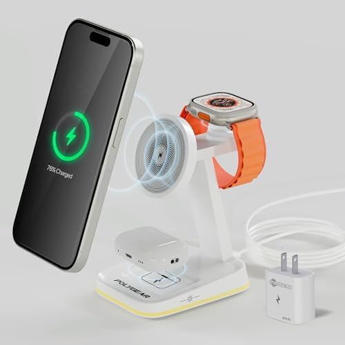 Revolutionize Your Charging Routine with the POLYGEAR 4 in 1 Magnetic Wireless Charging Station – 15 W Fast Mag Safe Hub for i Phone 12-15 Pro Series, Air Pods 2/3/Pro, and i Watch Ultra/8/7/SE/6/5/4/3/2 – Includes 20 W PD Adapter & USB-C Connectivity for Unmatched Versatility and Efficiency