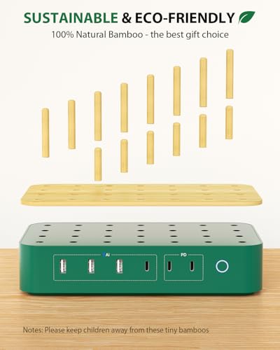Eco-Friendly Bamboo USB-C Charging Hub – 60 W 6-Port Multi-Device Dock with 3 AC Outlets, 3 USB-C, 3 USB-A Ports, 6 Mixed Cables Included, 6.6 ft Power Cord for i Phones, i Pads & Tablets – Fast, Efficient Charging Solution with Elegant Design