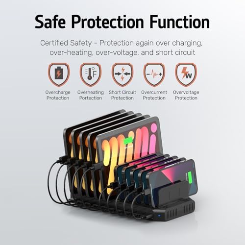 Alxum 10-Port USB Charging Station with Quick Charge 3.0 – Ultimate Multi-Device Power Hub for i Pads, i Phones, Samsung Galaxy & More – Ideal for Home, Office & Shared Spaces – Compact Design with Enhanced Safety Features for Efficient Charging and Clutter Reduction
