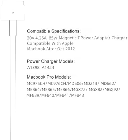 High-Performance 85 W Magnetic T-Tip Charger for Mac Book Pro (2012-2015) – Enhanced Compatibility, Rapid Charging & Safety Features for 13″, 15″, 17″ Models – Reliable AC Adapter with LED Charging Indicator and IC Chip Protection