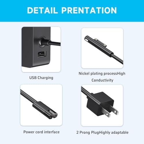 Premium 65 W Microsoft Surface Charger Replacement – Fast Charging AC Adapter for Surface Pro 3-9, Surface Laptop 1-5, Surface Go 1-3, and Surface Book 1-3 – Lightweight, Durable Power Supply for Enhanced Productivity and Seamless Performance